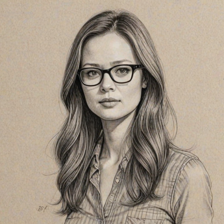Attractive Summer Glau, pencil sketch, portrait of Comely woman 1969s in glasses, hair style beatnik, outline, clear lines, fine lines, 8k