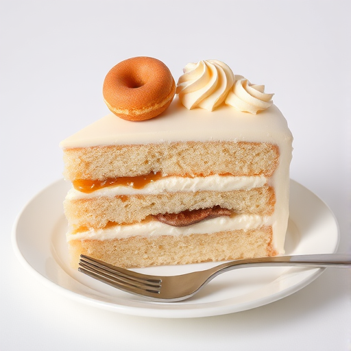 A beautifully layered cake slice with creamy frosting and a caramel filling, topped with a small donut and a decorative swirl, set on a delicate plate with a fork beside it, against a light background.