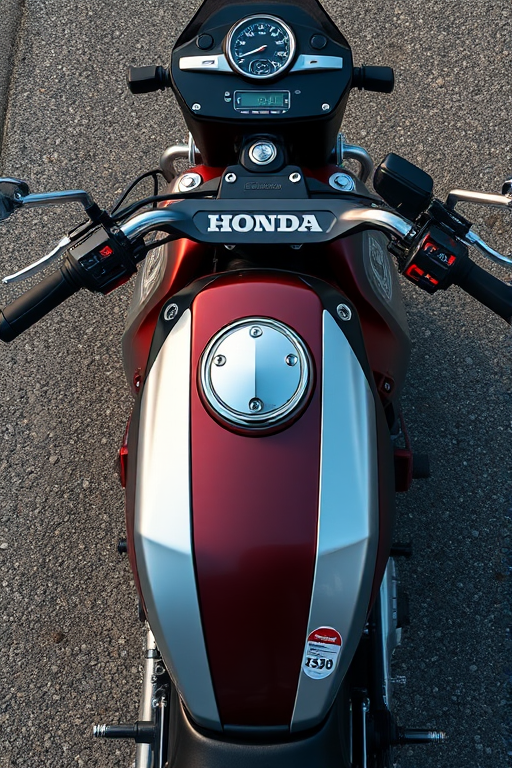 Regenerate the image of a Honda CB 350 motorcycle, top-down view, with a DSLR camera set to 50mm lens, aperture f/2.8, ISO 100, and a shallow depth of field for enhanced image quality.