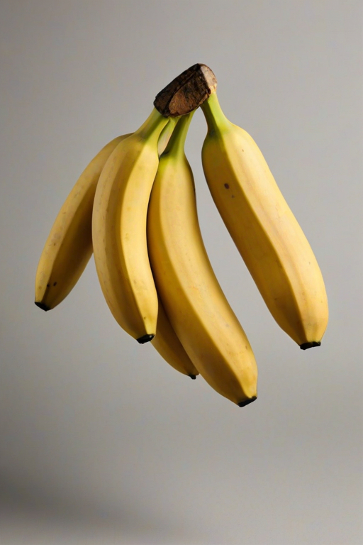 a cluster of four ripe yellow bananas with a smooth texture on a plain background