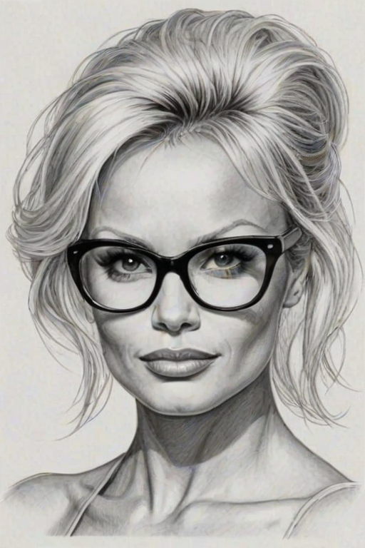 Ravishing Pamela Anderson, pencil sketch, portrait of Delightful woman 1980s in glasses, hair style beatnik, outline, clear lines, fine lines, 8k