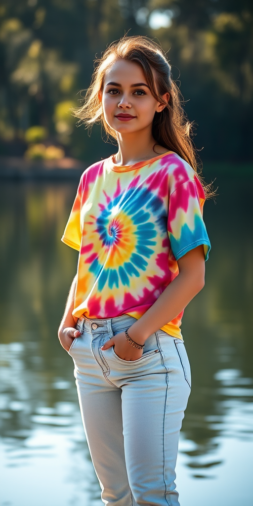 portrait of a young woman in a colorful tie-dye shirt and light jeans standing by a serene lake with soft sunlight filtering through trees, captured with a Canon EOS R5, 85mm lens, f/1.8, ISO 100, natural light, shallow depth of field, vibrant colors