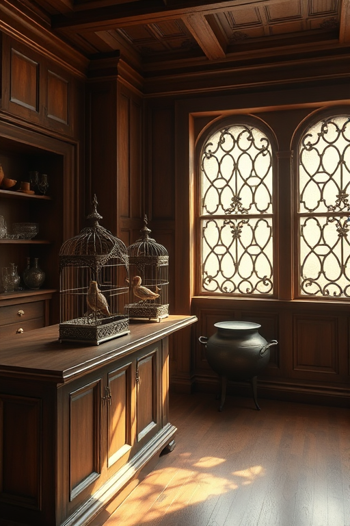 generate an interior room with wooden walls and floors, featuring ornate birdcages on a polished wooden counter, a vintage cauldron nearby, large windows with intricate designs allowing soft light in, setting: cozy and inviting, camera settings: aperture f/4, shutter speed 1/60s, ISO 400, camera view: wide-angle, camera style: realistic, camera type: DSLR