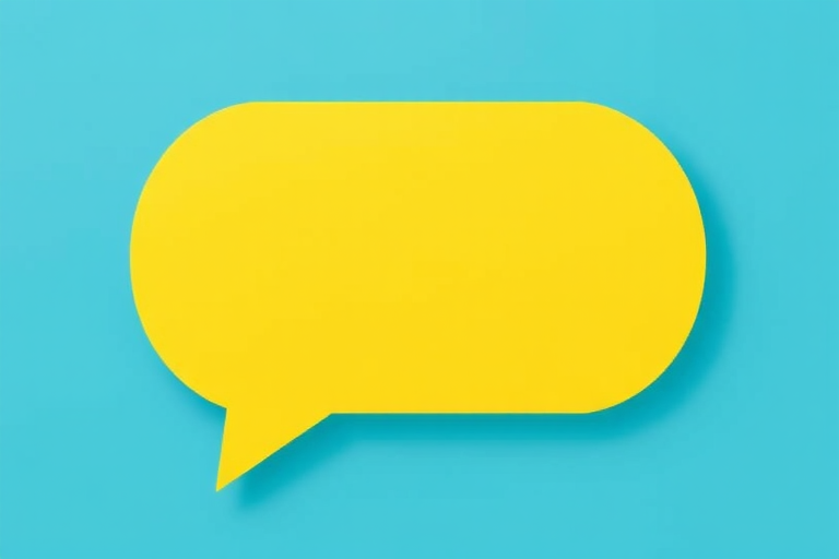Create a flat style vector image of a yellow speech bubble on a solid blue background with a high-resolution of 300 DPI, using a Canon EOS 5D Mark IV with an aperture of f/8, ISO 100, and a focal length of 50mm.