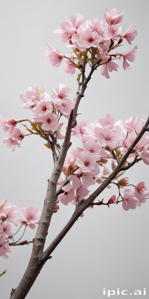 Delicate Pink Cherry Blossom Branch Flourishing Against a Soft Gray ...