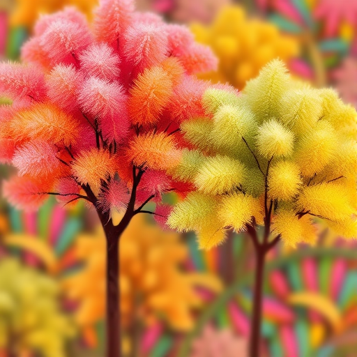 create a vibrant illustration of abstract trees in pink, orange, green, and yellow hues, with standout textures and defined brown trunks, using a high-resolution digital camera setting of 50mm lens, f/1.8 aperture, ISO 100, over a blurred colorful background for depth, in a flat lay top-down view style.