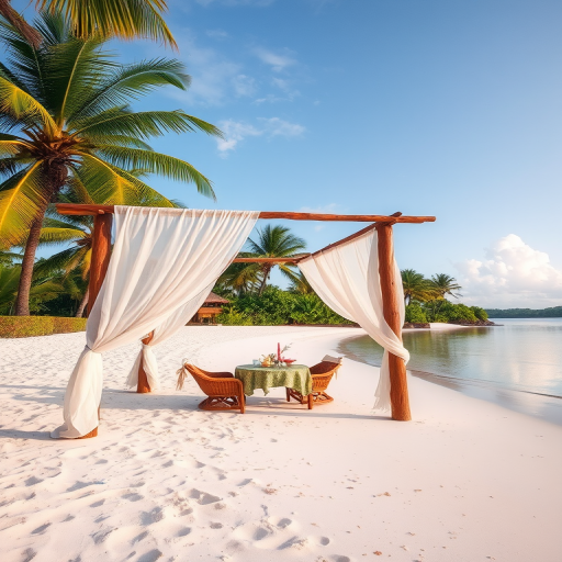 Create a picturesque tropical beach scene featuring a serene, white sandy shore. In the foreground, there's a rustic wooden canopy with white drapes gently flowing in the breeze. Underneath the canopy, a table is set with tropical decor, evoking a sense of relaxation and leisure. The beach extends into a calm, shallow water area with reflections of the sky and surroundings. Palm trees and lush greenery line the edge of the beach, providing a natural, tropical backdrop. The sky is clear with a few scattered clouds, and the overall atmosphere is tranquil and inviting, perfect for a peaceful retreat.