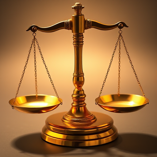 a highly detailed and realistic image of a golden scale of justice with shiny metallic surfaces, evenly lit with a soft shadow for depth, camera settings: ISO 100, f/8, 1/125s, camera view: eye level, camera style: high dynamic range, camera type: DSLR