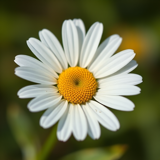 Create a close-up photograph of a white daisy with a yellow center, shallow depth of field for a soft background, shot with a Canon EOS 5D Mark IV, 50mm lens at f/2.8, ISO 100, natural light, and vibrant colors.