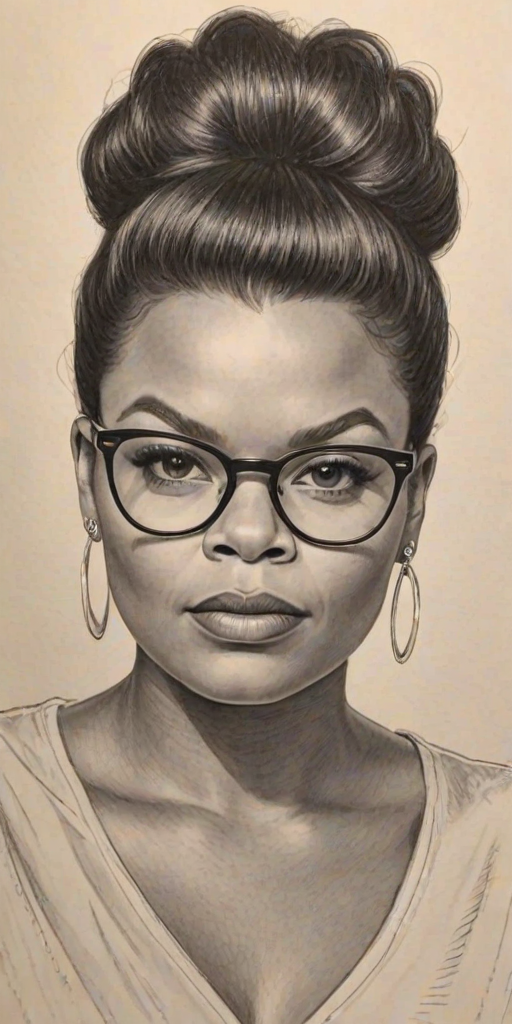Delightful Yvette Nicole Brown, pencil sketch, portrait of Superb woman 1954s in glasses, hair style beatnik, outline, clear lines, fine lines, 8k