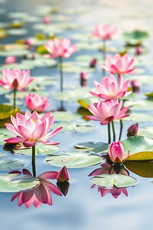 Create a serene and vibrant watercolor painting of a tranquil pond filled with blooming pink lotus flowers and lily pads, capturing soft reflections on the water surface, using a Canon EOS R5 with a 50mm f/1.2 lens, aperture set to f/2.8, ISO 200, and natural soft lighting for a dreamy effect.