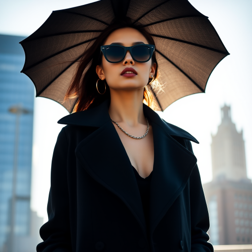 Cityscape backdrop, fashionable attractive model , wearing black shades, oversized coat, minimalist accessories, urban chic vibe, Shoot against a strong backlight using a 50mm f/1.2 lens to create a soft, silhouetted profile, highlighting the flow and transparency of the fabric