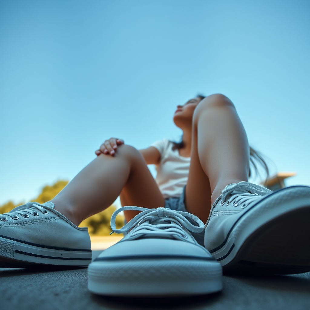 Generate an ultra-realistic, highly detailed, high-definition photograph. It's a photo of a girl sitting on the floor. She's looking at the horizon. The photo is taken from the bottom up, at ground level. The girl's sneakers are in the foreground, in the center of the scene. The girl is wearing light clothes, a t-shirt and short shorts. The sky is blue. Bright environment. The background is a blurred image of a park.