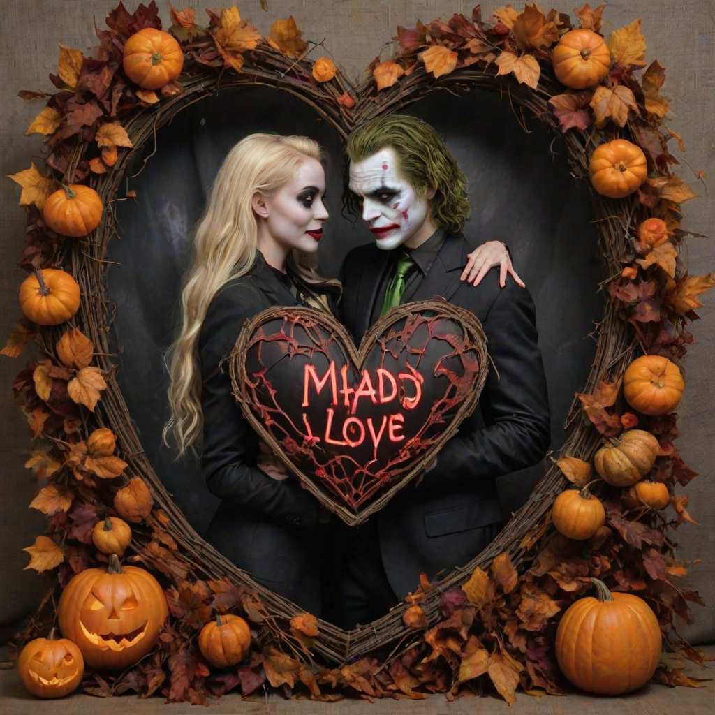 The Joker, neat, wearing a black suit and a beautiful Harley Quinn with long hair, both romantic, hugging and cuddling in the middle of a neon linen black heart frame decorated with dead leaves, bats, and small pumpkins, with a label at the bottom that reads 'Mad Love' made of linen, in a photo realistic style.