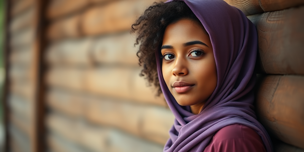portrait of a young woman with curly hair wearing a purple hijab, standing near a wooden wall, soft natural lighting, bokeh background, ISO 100, aperture f/2.8, shutter speed 1/200s, lens 50mm, DSLR camera, warm tones