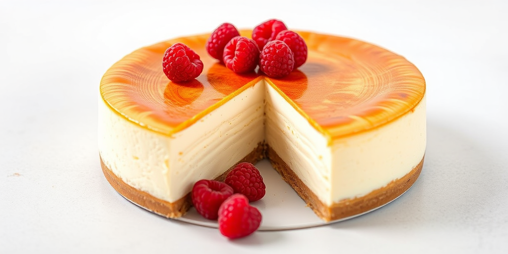 Create an image of a creamy cheesecake with a golden brown caramelized top and a slice taken out to reveal its smooth texture inside. Garnish the cheesecake with fresh raspberries on top and around the base. The background should be simple and neutral to highlight the dessert.