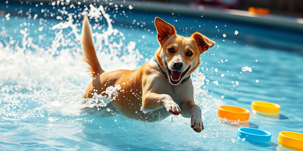 Blurry action shot of a dog joyfully leaping into a sparkling pool on a hot summer day, water splashing in all directions, with colorful pool toys scattered around the edge.