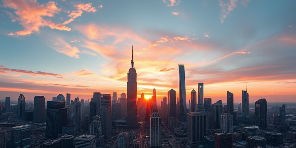 Generate a high-resolution image of a futuristic city skyline at sunset, using a Canon EOS R5 with a 24mm lens, aperture set at f/8, ISO 200, shutter speed 1/125s, in a panoramic view to capture the vastness and detail of the architecture.