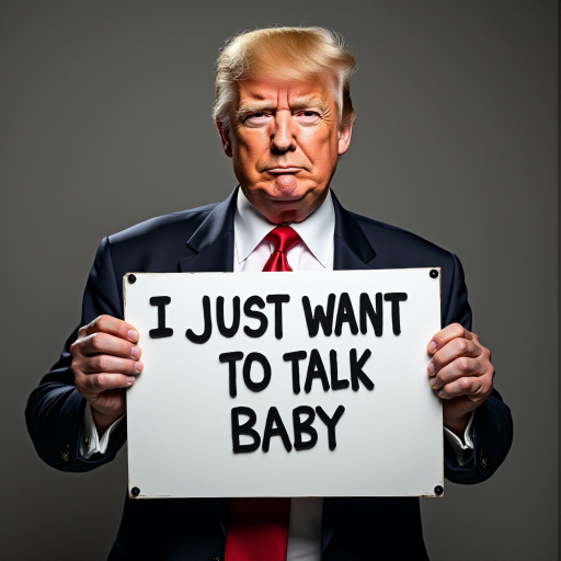 a photo of donald trump holding a sign board with a text "i just want to talk baby"