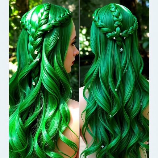 Lush emerald green hair cascades down in glossy, mermaid-like waves, creating the enchanting "Forest Nymph" style. Subtle lighter green highlights mimic dappled sunlight filtering through leaves, while small, delicate flowers are woven throughout the hair. A waterfall braid crowns the head, adding an ethereal touch to this nature-inspired look.