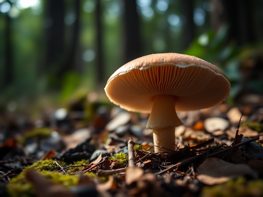 Close-up of a mushroom in a forest setting, shallow depth of field, f/2.8, 1/100 sec, ISO 200, 50mm lens, soft natural light, macro photography, DSLR camera.