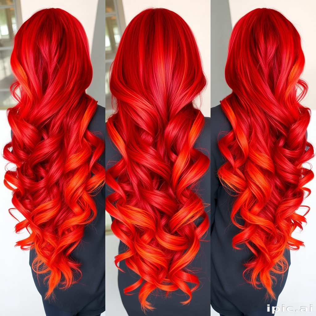 Fiery ombre locks transition from deep crimson roots to bright orange tips, styled in voluminous curls reminiscent of flickering flames, embodying the fierce and passionate "Phoenix Rising" style