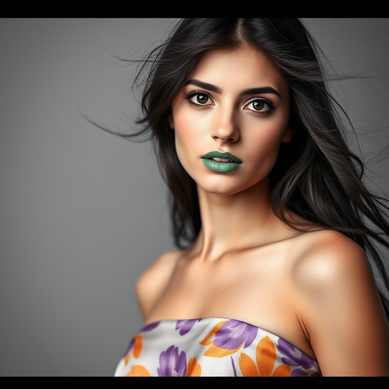 Photographic image of a beautiful young Assyrian woman, brown eyes, lips with green lipstick, long hair fluttering in the wind and wearing a silk strapless dress with a soft purple and orange print. monochrome image with only color highlights in the iris of the eyes, lipstick and dress. Gray background.