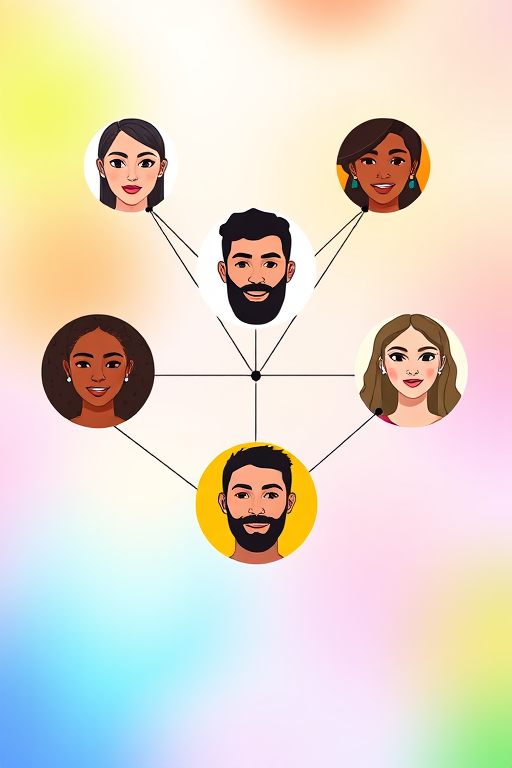 Create a vector image of a network of six diverse faces shown within circular nodes, connected by lines, using a minimalist design style with a bright and colorful background, shot with a 50mm lens at f/1.8, ISO 200, and in natural lighting.