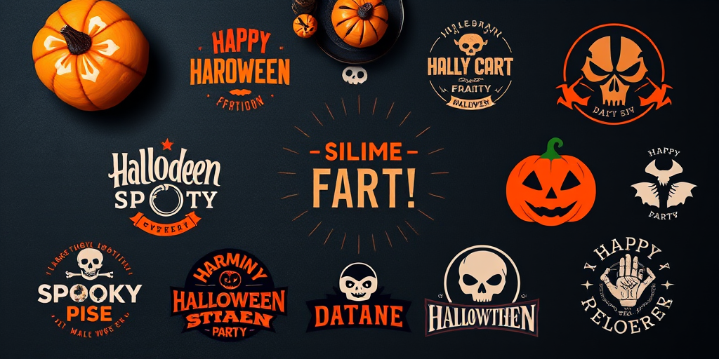 Create a high-resolution flat lay image of Halloween-themed graphic designs featuring spooky party logos in a variety of styles, 50mm lens, f/2.8 aperture, ISO 100, soft diffused lighting, top-down view, shot on a DSLR camera.