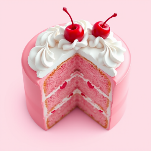 Create a digital illustration of a pink cake with whipped cream peaks and red cherries on top, cross-sectioned to show layers, using a DSLR camera at f/2.8, 50mm lens, natural lighting, from a top-down view with focus on texture and details.