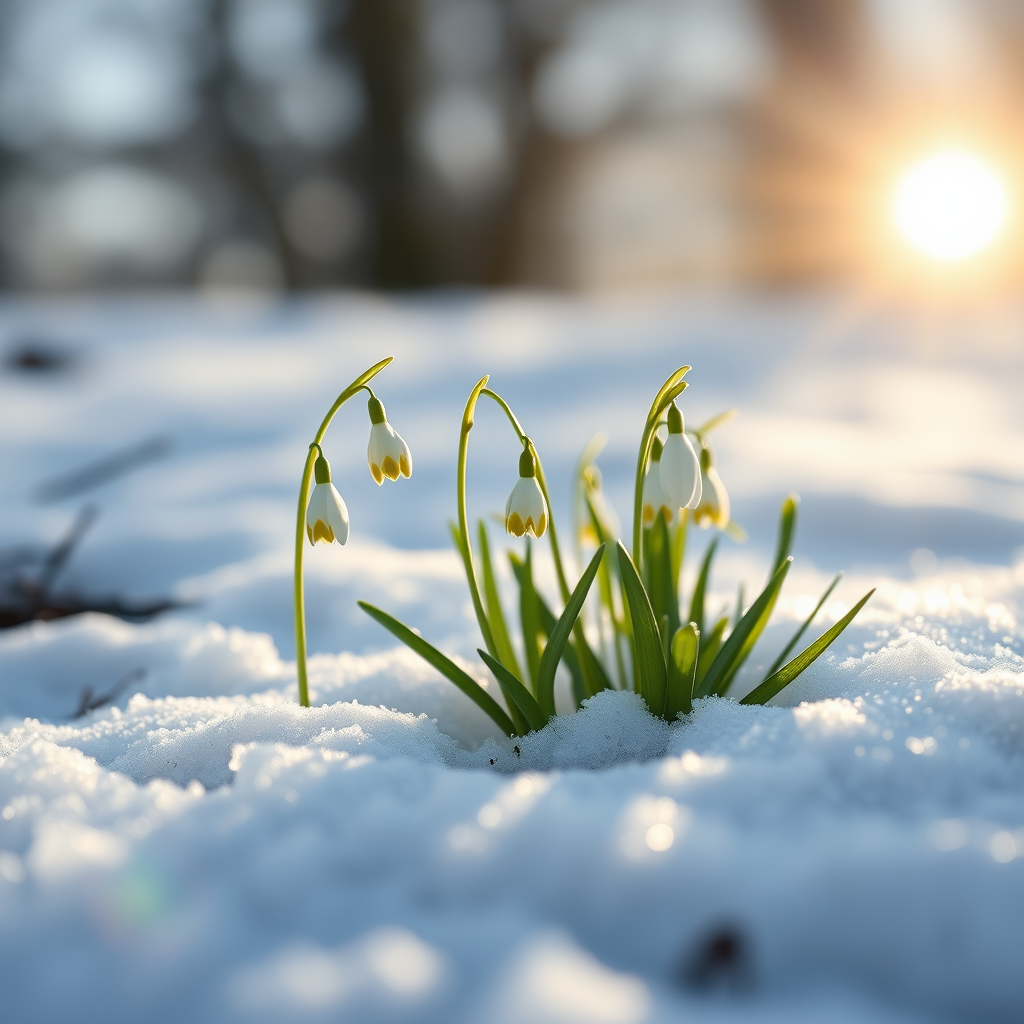 Create a high-resolution illustration of snowdrop flowers emerging from snowy terrain under a bright sun, using a Canon EOS R5 with a 50mm f/1.2 lens, aperture set to f/8, ISO 100, and a soft-focus background to enhance depth and detail.