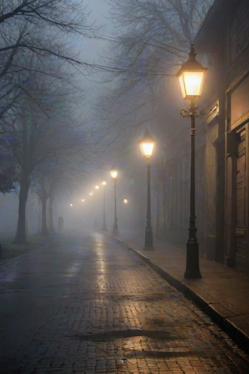 Quiet, foggy street in a sleepy town, lampposts casting a dim glow, and the distant sound of footsteps approaching from the mist.