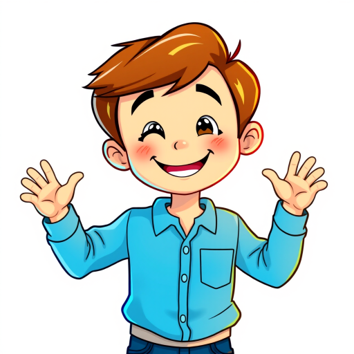 A cheerful cartoon boy in a blue shirt with a pocket, smiling and gesturing happily, captured in a colorful and vibrant style, digital illustration, high resolution, front view, soft lighting, 300 DPI.