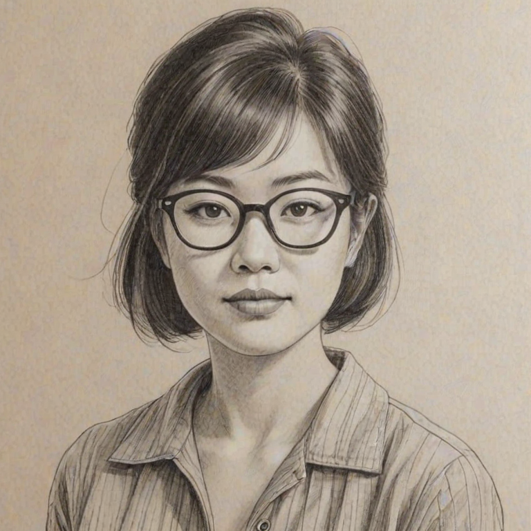 Radiant Keiko Agena, pencil sketch, portrait of Charming woman 1959s in glasses, hair style beatnik, outline, clear lines, fine lines, 8k