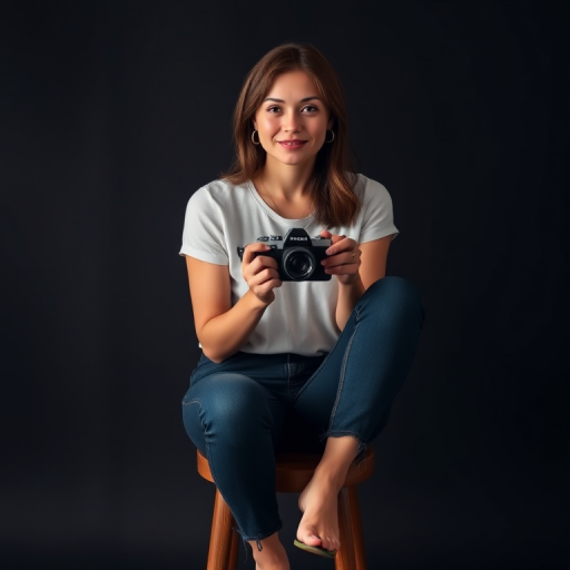 portrait of a woman sitting on a stool holding a vintage camera, studio lighting, black background, f/2.8, 1/125s, ISO 200, shallow depth of field, 50mm lens, soft focus, natural pose, medium shot