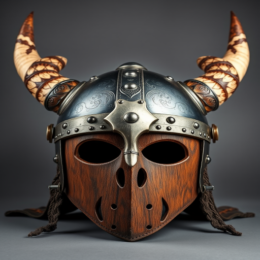 Create a highly detailed image of a Viking horned helmet, front view, using a DSLR camera with a 50mm lens, aperture f/2.8, ISO 100, and a studio lighting setup for optimal clarity and texture enhancement.