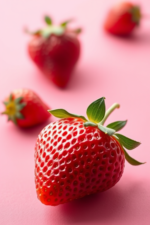 Strawberry illustration on a pink background, low angle view, soft focus, digital art style, using a DSLR camera with a 50mm lens at f/1.8, ISO 100, 1/200s exposure for enhanced depth of field and vivid color.
