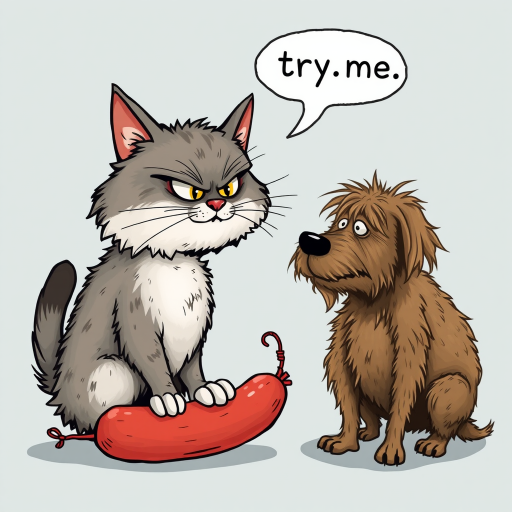 caricature of a silly whimsical fluffy cat with a mean look she has one foot on a sausage and is looking at an old scraggly big dog the cat has a thought bubble above her head that says “try,me"