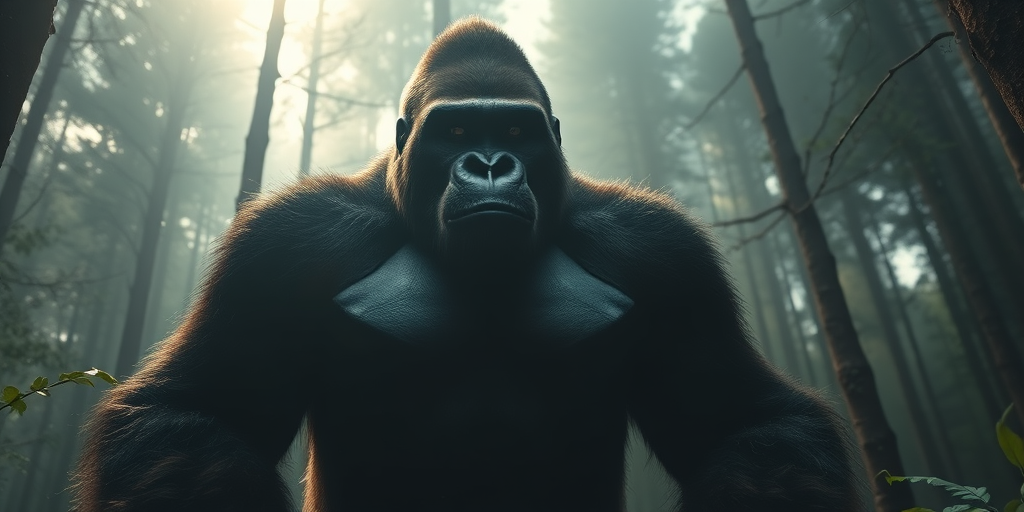 A towering, muscular gorilla-like creature standing in a misty forest, with dramatic lighting filtering through the trees, capturing intense eyes and detailed fur, shot with a Canon EOS R5, 50mm f/1.2 lens, ISO 100, f/2.8 aperture, shallow depth of field, cinematic style, wide-angle view.