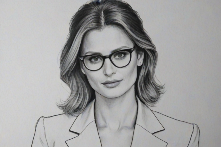 Captivating Stana Katic, pencil sketch, portrait of Comely woman 1949s in glasses, hair style beatnik, outline, clear lines, fine lines, 8k