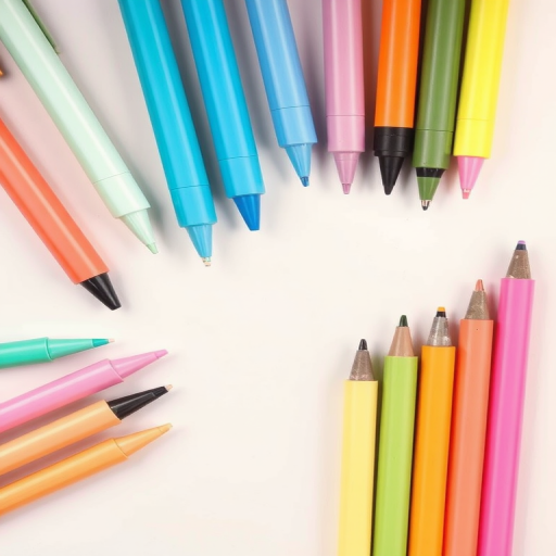 regenerate the image of pens and highlighters in pastel colors arranged horizontally on a light background with a shallow depth of field, using a DSLR camera, aperture f/4, ISO 100, 50mm lens, soft natural lighting, top-down view