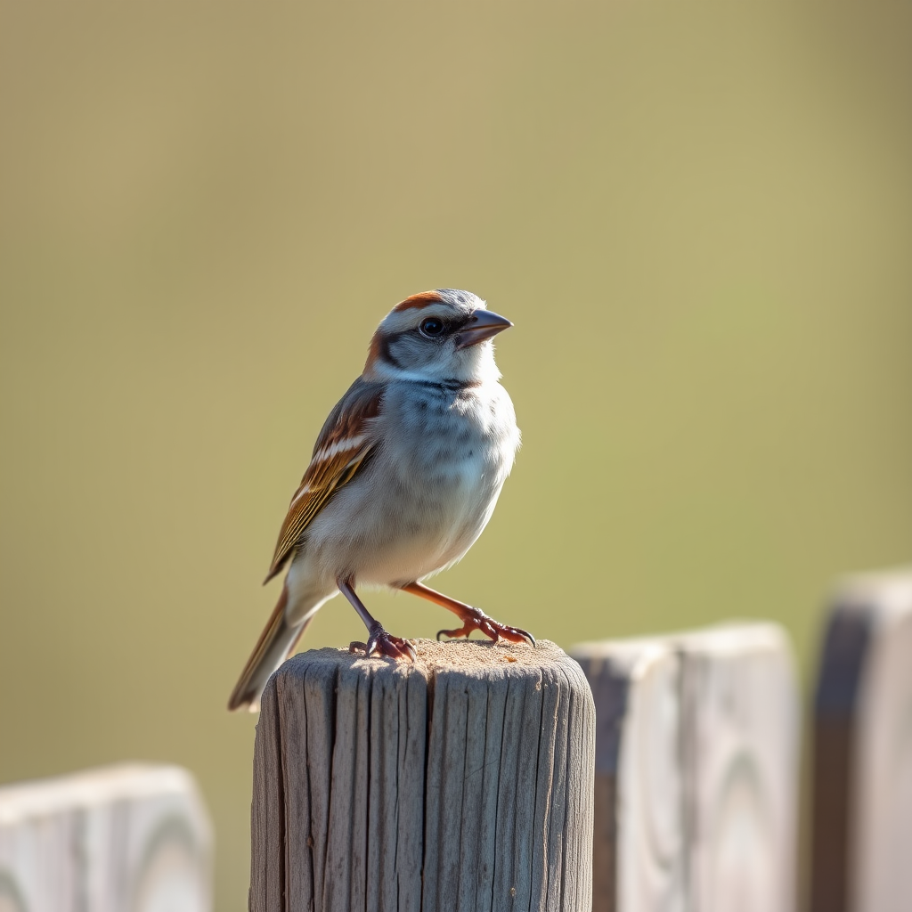 regenerate a close-up photo of a sparrow perched on a wooden fence, captured with a Canon EOS 5D Mark IV using a 50mm f/1.8 lens, aperture set to f/2.8 for a blurred background, ISO 200 for optimal clarity, natural sunlight for enhanced colors, with a shallow depth of field to focus on the bird while softening the surroundings