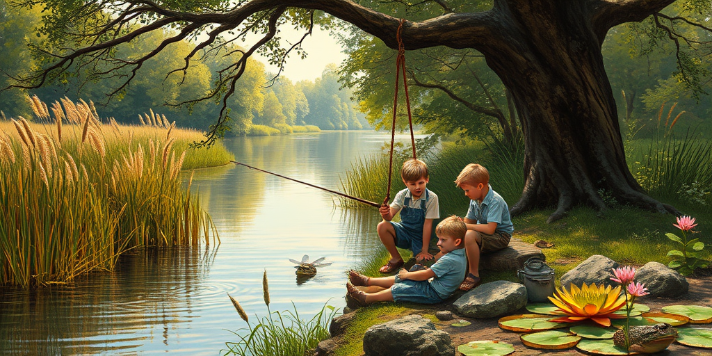 Imagine a small group of old fashioned young boys out fishing by the creek, a swing hanging from a tree branch, reeds and grasses by the water's edge, a frog sitting on a lily pad, dragonflies hovering over som water plans, a very iconic old fashioned scene reminiscent of a Norman Rockwell painting style