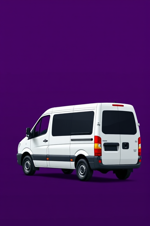 Generate a high-quality vector image of a white van viewed from the side on a deep purple background, using a DSLR camera with a 50mm lens, aperture set to f/4, ISO 100, and 1/200s shutter speed for enhanced clarity and detail.