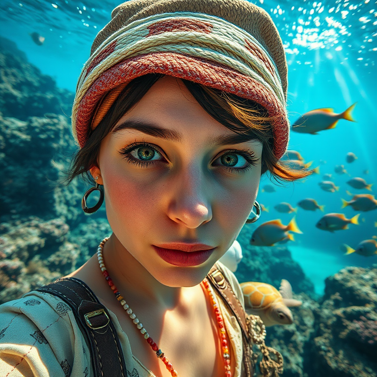 Realistic selfie image of a Turkish, wearing a vintage outfit, detailed dreamy eyes, droopy hooded eyes, staring at the camera, taken underwater at coral reef with a sunbeam filtering through the water, vibrant, summer vacation, natural lighting, turtle and school of tropical fish with vibrant colors, rendered in the style of CryEngine, Pegi Nicol MacLeod, with realistic genre scenes, hauntingly beautiful narratives, ultra-realism, and Thomas Saliot's close-up technique, 8K resolution, crystal clear and sparkling water.