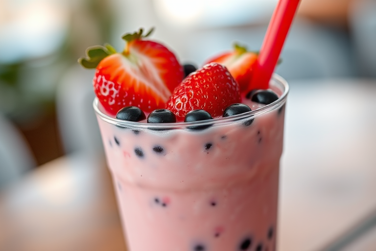 Generate a high-resolution image of a pink bubble tea cup with strawberries on top and black tapioca pearls, using a close-up view with a shallow depth of field, aperture set to f/2.8, ISO 100, and a 50mm lens for enhanced clarity and detail.
