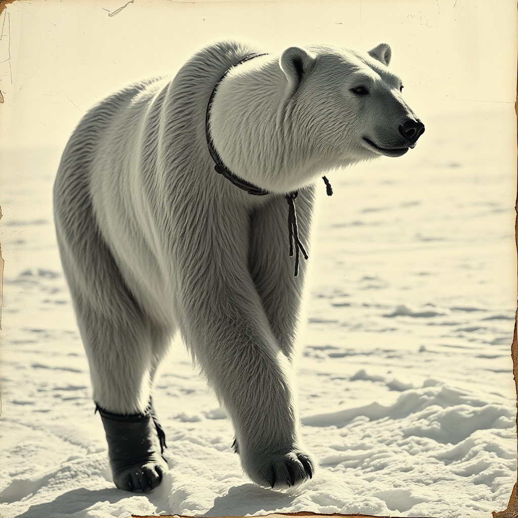 A very old photograph in black and white. The photo is badly damaged, faded, with scratches, tears, smudges and dirt. The photo is ultra-realistic and very detailed. It's a picture of an Arctic warrior. She is walking serenely towards the camera. At her side walks a majestic polar bear. Its fur shines in the sunlight. Snow, ice, sea. wind. snow in the air.