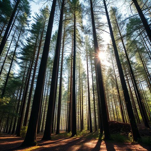 Generate a high-quality image of a tranquil forest scene with sunlight filtering through tall trees, f/2.8 aperture, ISO 100, 35mm lens, shot from a low angle to capture depth and canvas style photography using a DSLR camera.