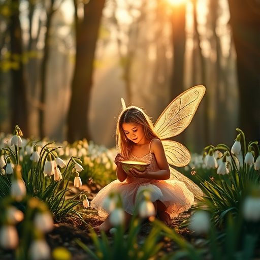 Create an enchanting scene of a fairy in a magical forest holding a glowing bowl, surrounded by blooming snowdrops and dappled sunlight filtering through the trees, captured with a Canon EOS R5, 50mm lens, f/1.8 aperture, ISO 200, at golden hour for soft golden lighting and a shallow depth of field.