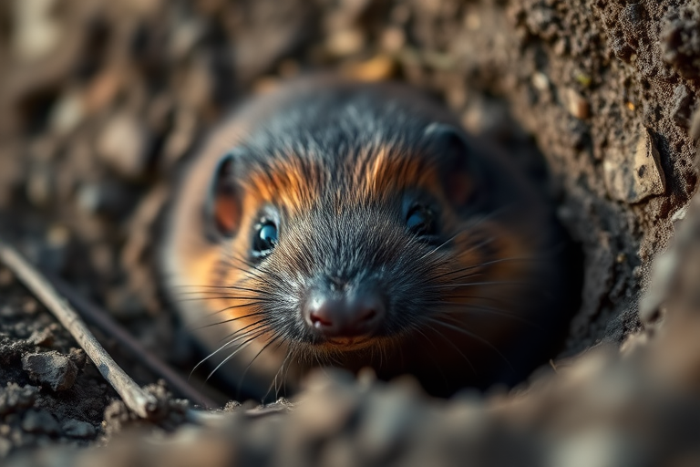 Close-up of a cute mole emerging from a burrow with detailed fur texture and shiny eyes, soft natural lighting, macro lens, aperture f/2.8, shutter speed 1/200s, ISO 100, focus on the mole, shallow depth of field, DSLR camera.